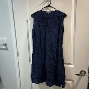 Chelsea & Theodore Navy Sleeveless Embroidered Mini Dress 💯Linen Have Spots